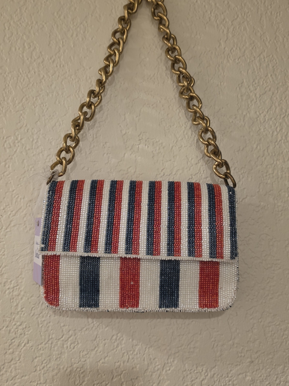 Beaded Stripe Shoulder Bag in Red, Blue & White